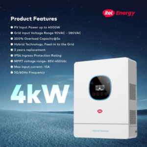 4kW 24V hybrid inverter designed for residential and commercial solar systems, featuring intelligent charging, battery management and remote monitoring capability