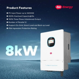 High-capacity 8kW 48V hybrid inverter with Wi-Fi connectivity and up to 16kW PV input capacity for demanding solar installations.