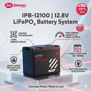Compact 12V lithium energy-storage battery for small solar, backup and essential-load applications.