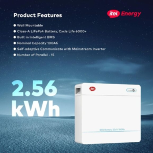 Space-saving 24V 2.56kWh wall-mounted lithium battery designed for residential and small commercial solar systems.